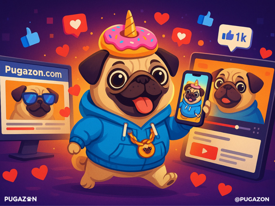 A digital screen-style image featuring a pug “breaking the internet”—phone screens, Instagram hearts, YouTube thumbnails. Pug expressions include derpy faces, meme-worthy costumes (e.g., donut, unicorn, hoodie). Include a laptop with the Pugazon.com homepage open on it showcasing the evolution in the history of pugs
