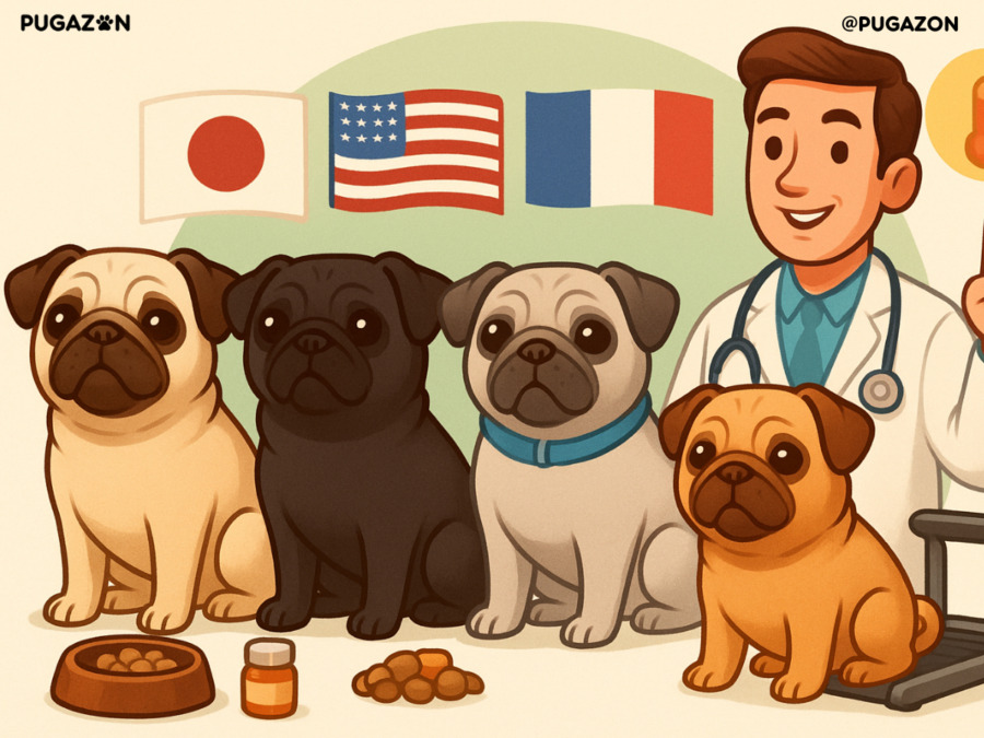 A wholesome, informative infographic-style image showing different types of pugs (fawn, black, silver, apricot) with global flags behind them. visuals for health: vet check-up, food bowl with supplements, and pug-friendly treadmill showing how the history of pugs has evolved.