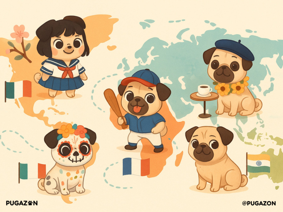 A world map where each continent has a stylized pug version native to its culture: Japan: Kawaii-style pug in anime costume Mexico: Day of the Dead pug with floral patterns USA: Pug in baseball cap and sneakers India: Pug with marigold garland France: Beret-wearing pug at a café table Playful and inclusive showing the history of pugs across the world