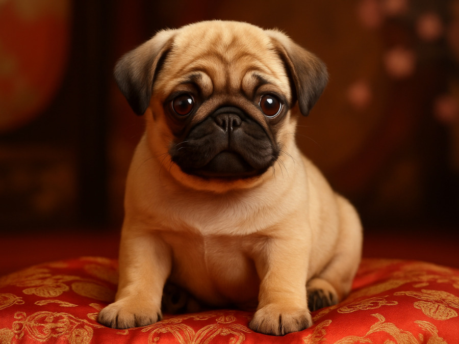 A close-up of a Chinese pug puppy sitting on a red and gold silk cushion, showing wrinkled forehead, round eyes, and a playful expression in soft, natural light.