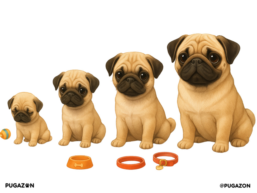 A visual timeline of four Chinese pug puppies at different ages—newborn, 3 months, 6 months, and 1 year—each sitting with growing size, surrounded by age-appropriate background items like collars and toys.