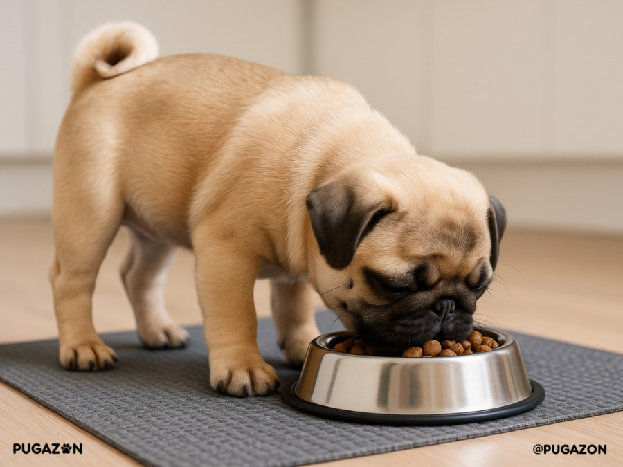 A Chinese pug puppy eats from a stainless steel bowl on a non-slip mat, set in a bright kitchen with warm natural lighting and soft details in the background.