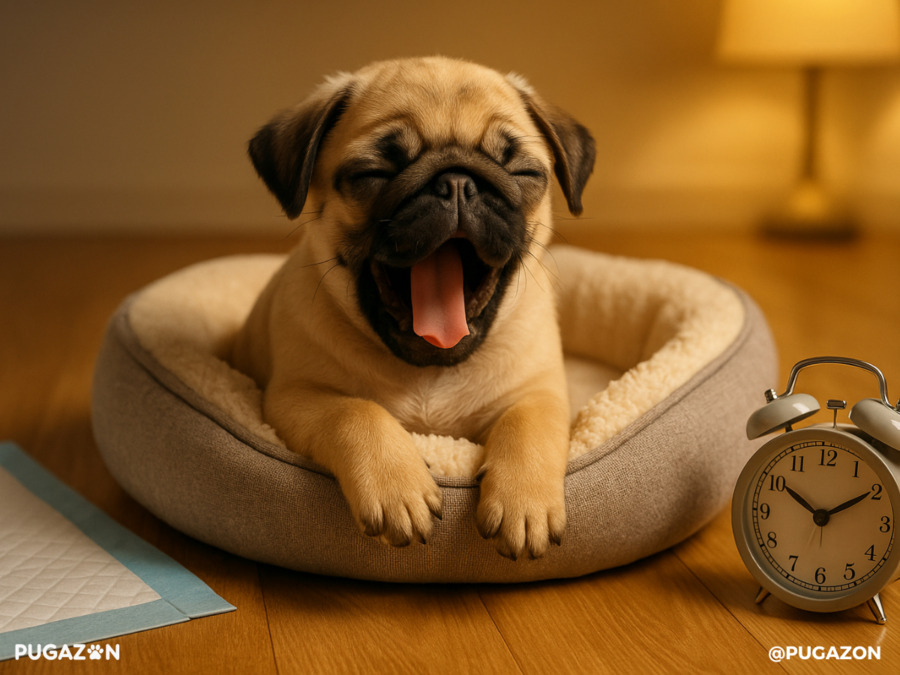 A yawning Chinese pug puppy in a soft dog bed beside a puppy pad and an alarm clock, under warm dim lighting in a bedtime-themed room.