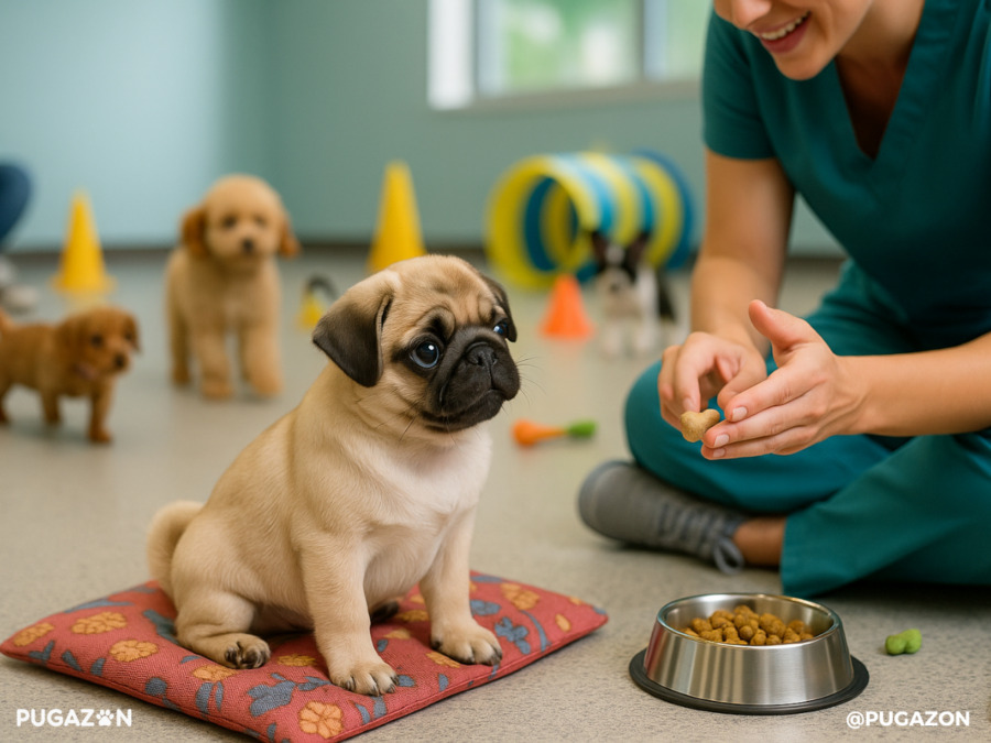 A cheerful training session with a Chinese pug puppy playing among toys and cones while a trainer rewards them, surrounded by other small-breed puppies.