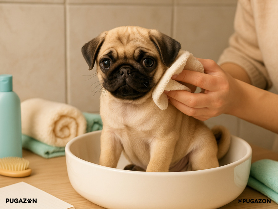 A relaxed Chinese pug puppy is gently wiped with a cloth in a clean bathroom surrounded by grooming products and soft towels.