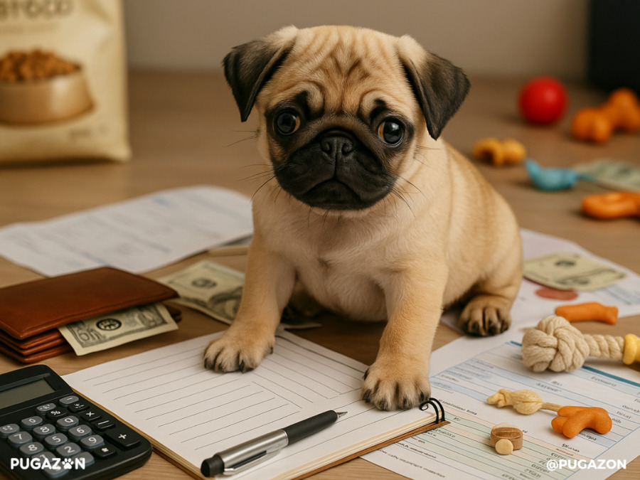 A Chinese pug puppy on a desk next to a wallet, calculator, vet bills, and pet supplies, portraying the realistic financial considerations of pet ownership.