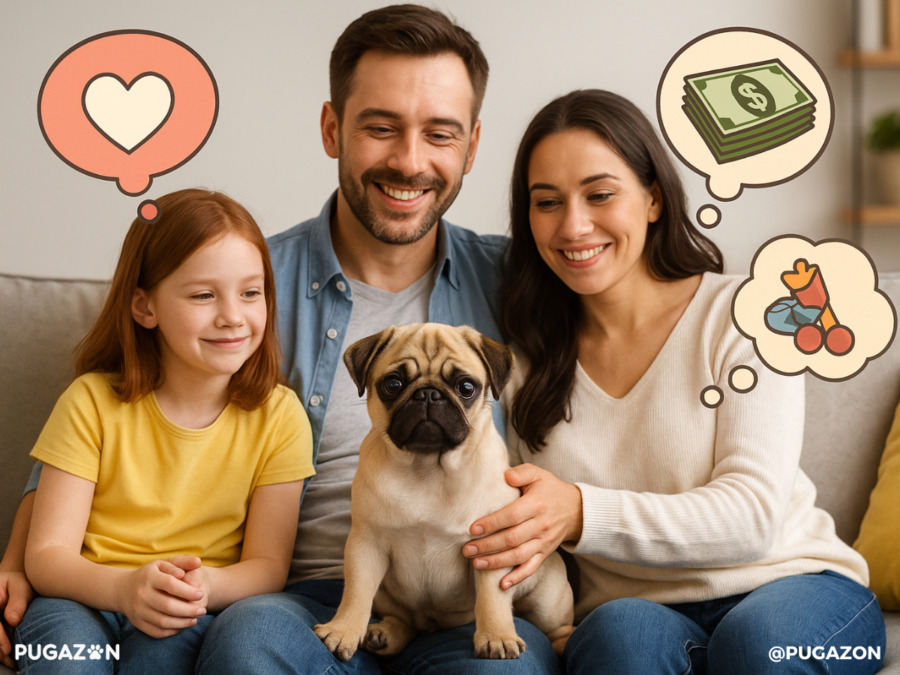 A family sitting together with a Chinese pug puppy, with cartoon bubbles above their heads showing icons like hearts, clocks, and money to represent thoughtful decision-making.
