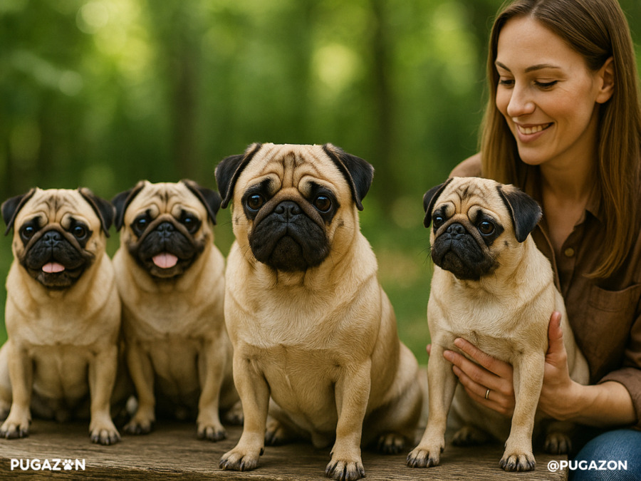 female pug breeder standing up happy along side 4 fawn pug dogs in a garden setting