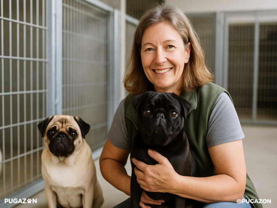 lady pug dog breeder at a kennels holding a black coat pug with a fawn coat coloured pug alongside them looking happy