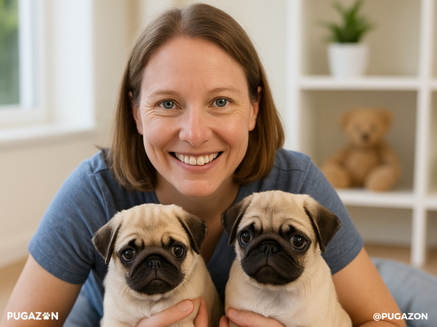 A smiling breeder in a clean home holds two happy Chinese pug puppies surrounded by toys, fresh bedding, and warm daylight