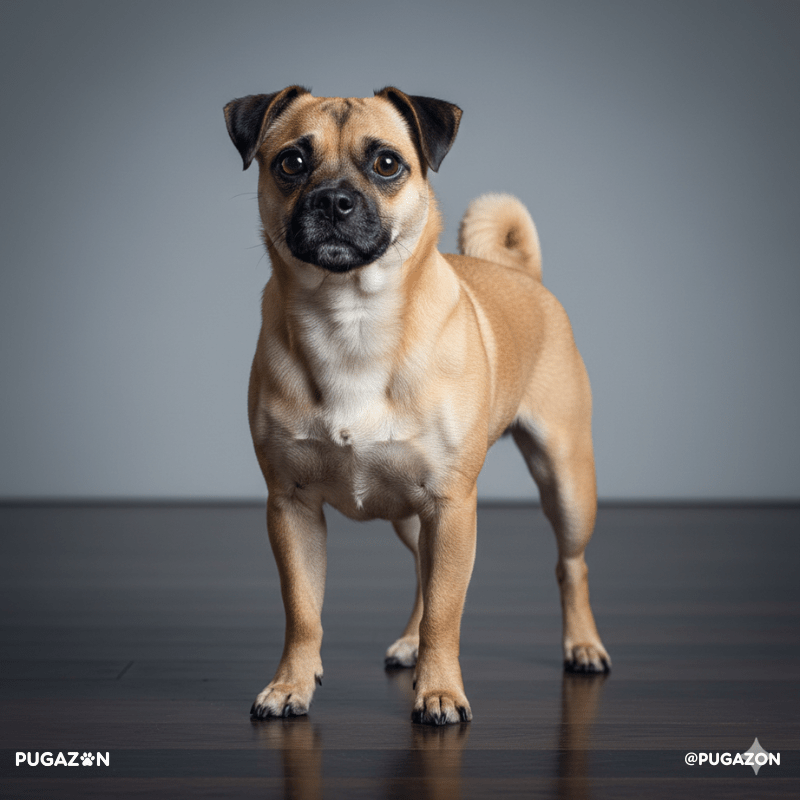 a strong looking brown jug dog standing up and looking directly at the camera with a brown coat and black face and ears pointing down.