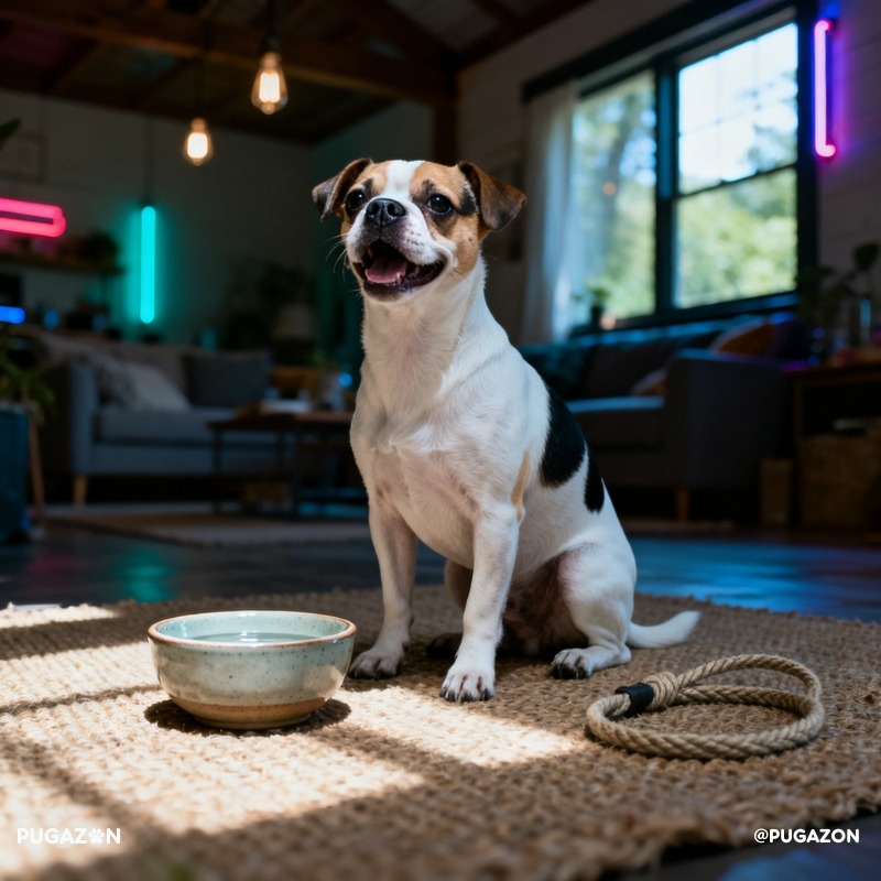 a white, brown and black jug dog sitting a a living room smiling with a bowl in front of him waiting to be fed.