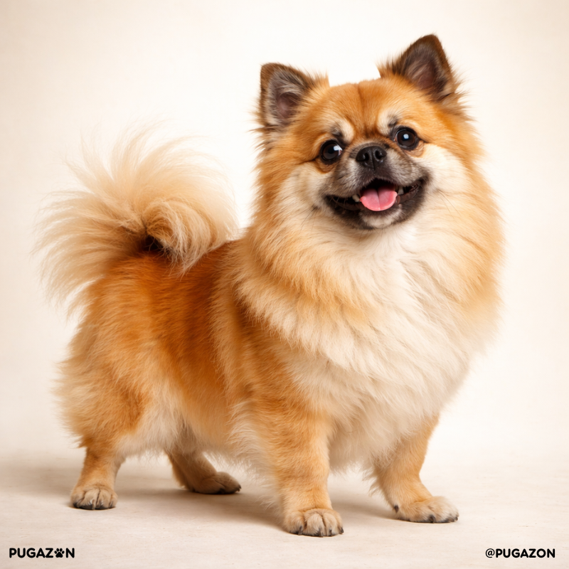 a smiley and happy pug and pomeranian mix breed dog known as a pom a pug standing with a foxy fluffy coat and smiling at the camera with its mouth open