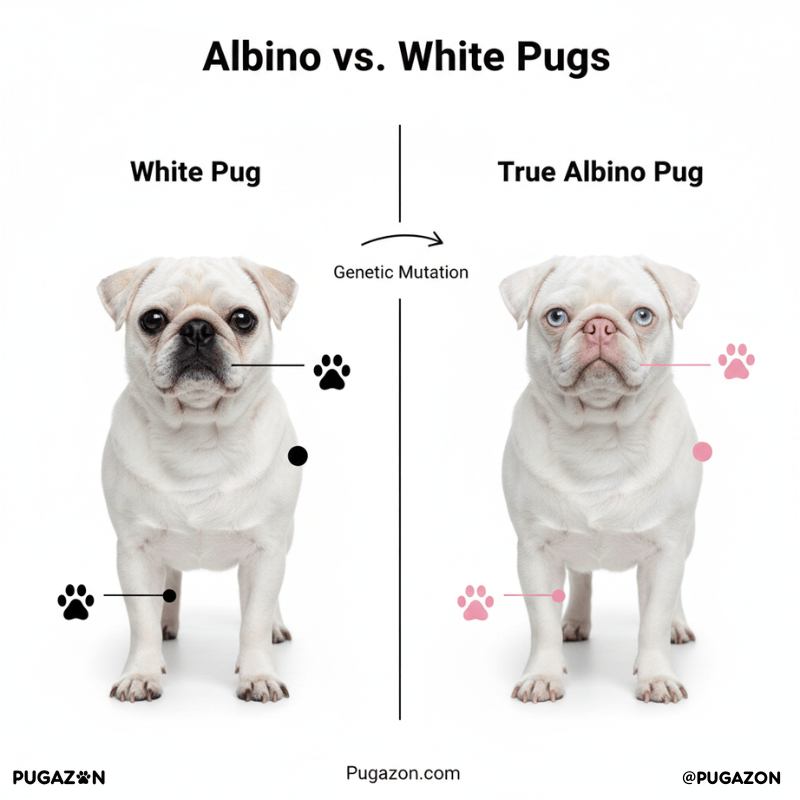 difference between a white pug and an albino pug with one of each standing side by side