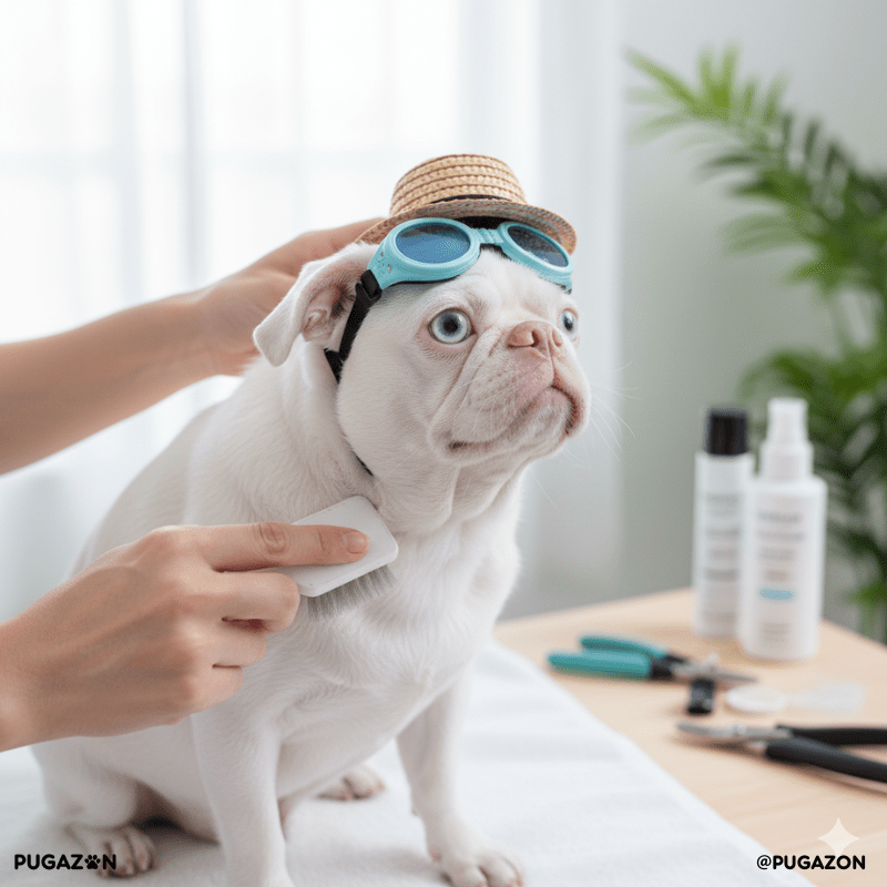 albino pug with gogles and a hat being groomed and brushed