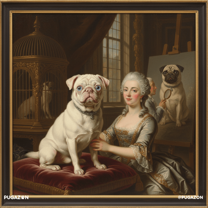 histyory and origins of albino pugs. albino pugv in a historical ancient setting