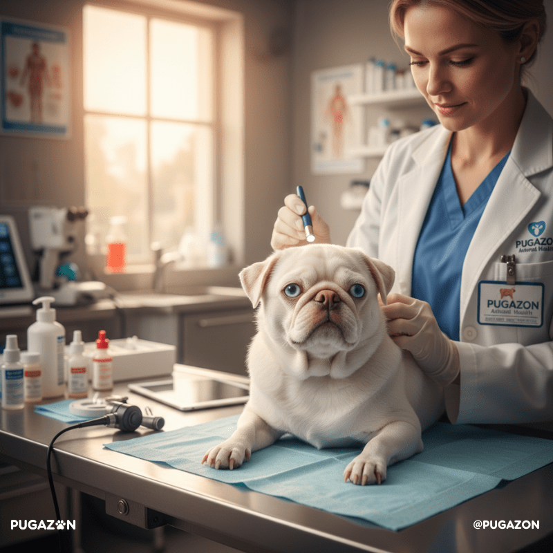 a white albino pug getting medical attention and treatment due to their health issues
