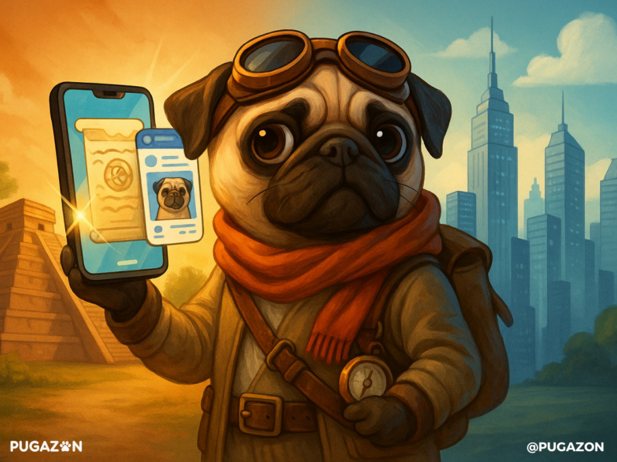 A pug dressed as a time traveler (goggles, scarf, compass) holding a smartphone showing both an ancient scroll and an Instagram profile. Background: split scene—ancient temple on one side, modern city skyline on the other. Style: cinematic, with a lens flare over the phone screen. showing how the historey of pugs has evolved.