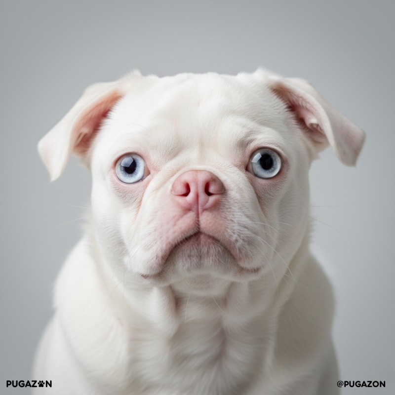 introduction to albino pugs with an albino pug close up staring straight at the camera