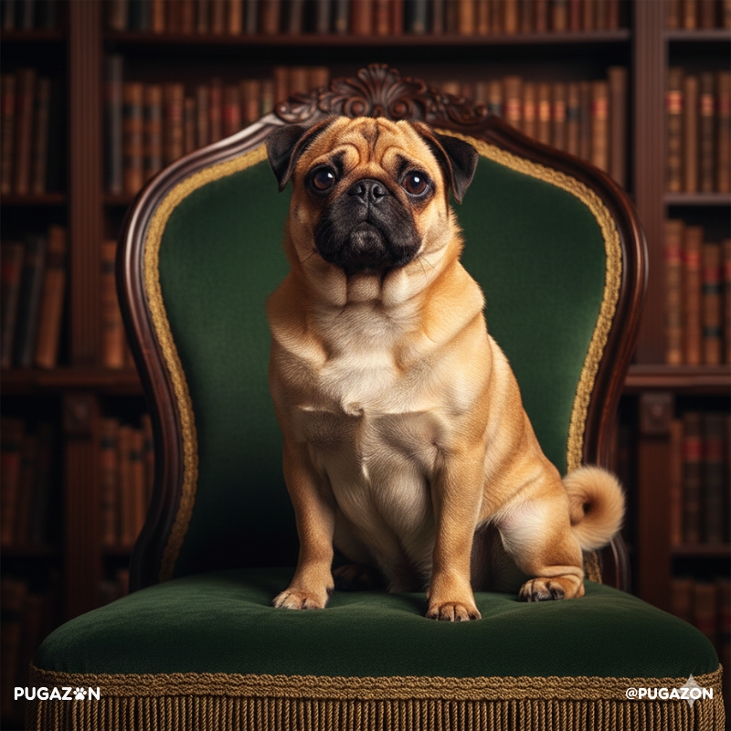 fawn pug sitting on a thrown in ancient times
