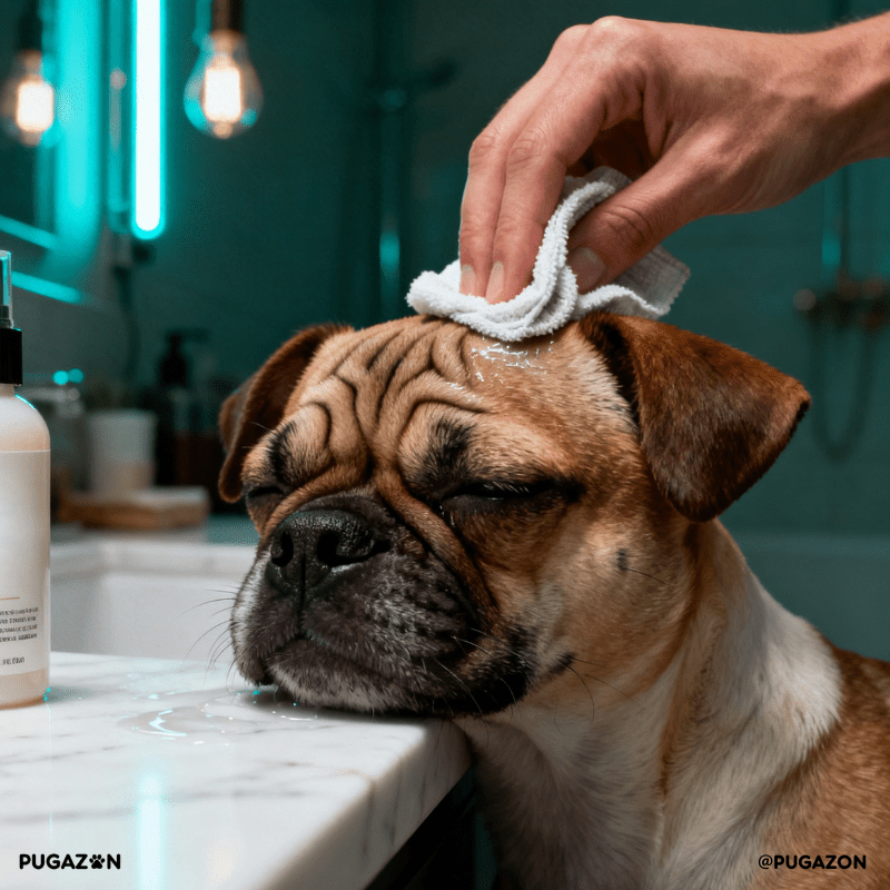 a brown jug dog in the bathroom getting groomed and having it's face washed in order to clean it's wrinkles.