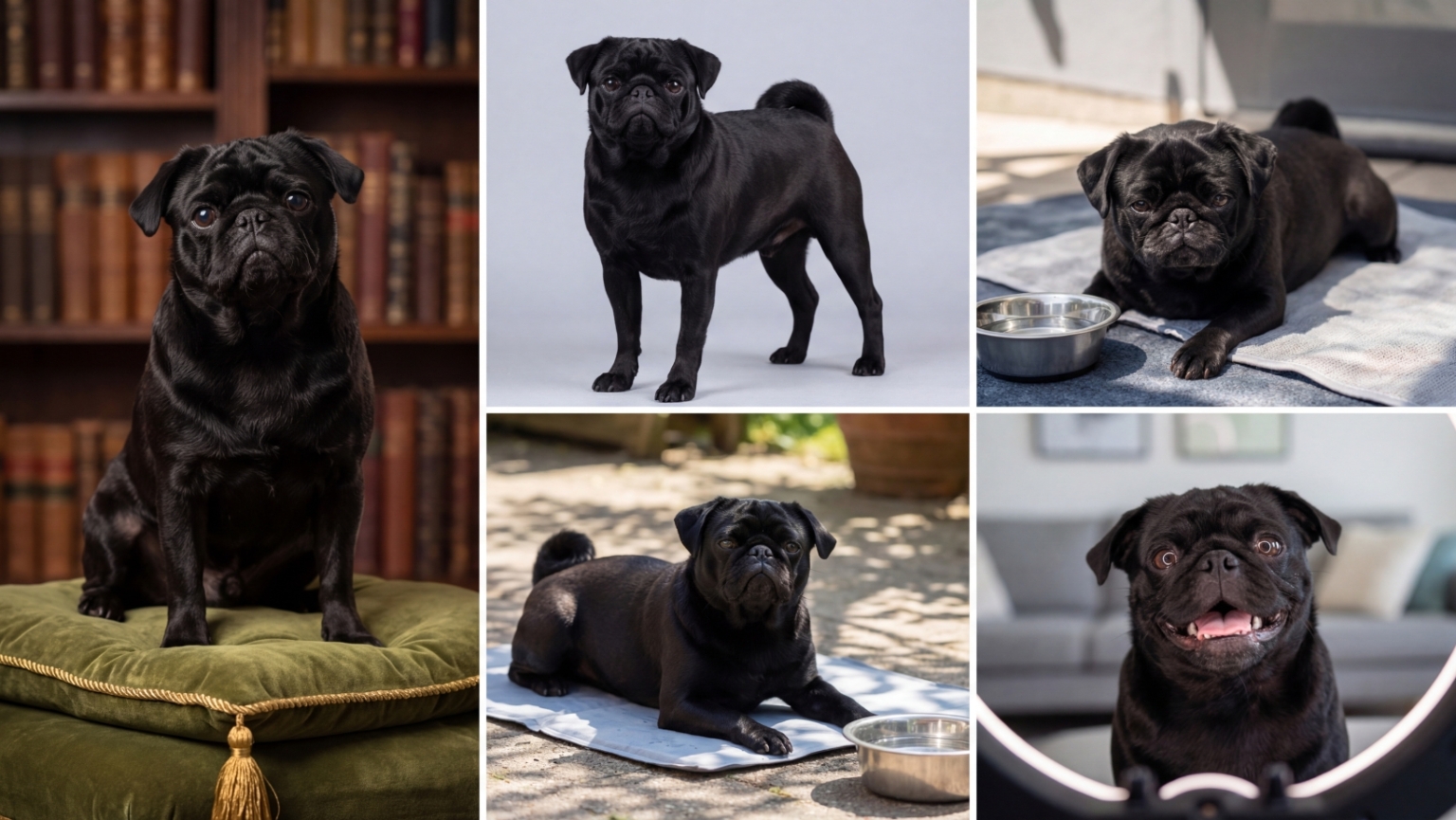 collection of black pugs in different poses and styles