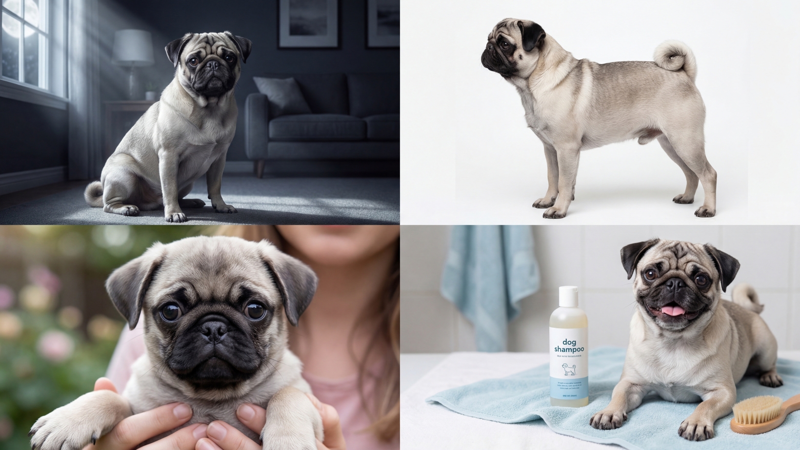 COLLECTION OF SILVER PUG DOGS WITH LIGHT GREY AND FAWN COATS WITH A SILVER HIGHLIGHT