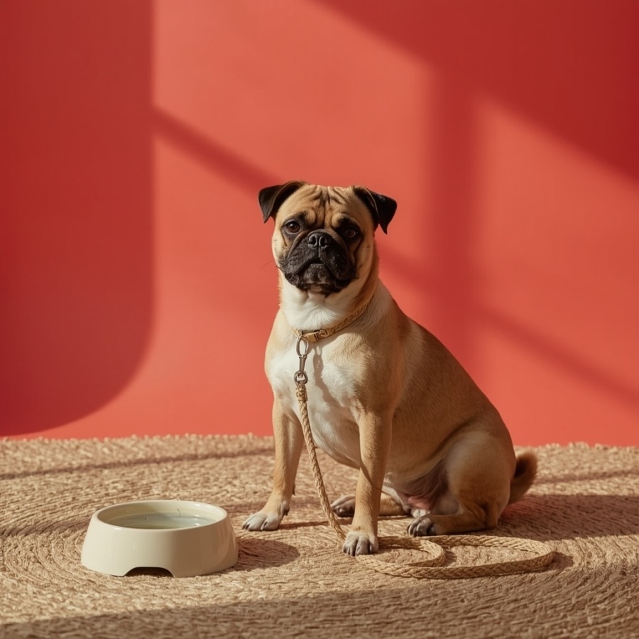 a jug dog sitting on the carpet waiting to be bought or adopted with a red wall, leashe around it's neck and a bowl on the ground.