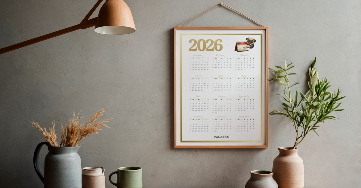 pug calendar hanging on a wall in a house