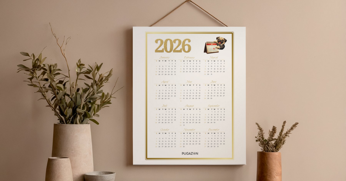 pug calendar hanging on a wall with lamps and vases