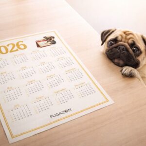 12 month pug themed caledar with fawn pug in a kitchen