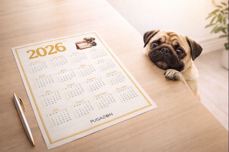 12 month pug themed caledar with fawn pug in a kitchen